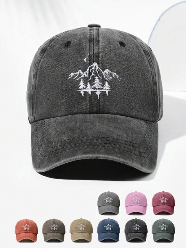 1 pièce Casquette de baseball vintage unisexe à broderie de montagne lunaire, bord réglable, chapeau décontracté mode pour hommes et femmes, convient pour l'extérieur, les voyages, le port quotidien