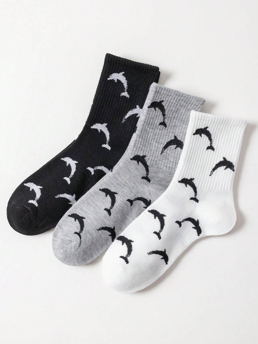 2/3 双装女士纯色海豚图案时尚简约街头运动中筒袜