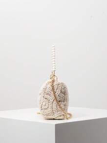 花卉镂空编织沙滩钱包、金属链斜挎包、女士仿珍珠手提包、女士优雅包包、婚礼用品、迷人晚装手拿包、节日必备品、派对礼服配饰（图案随机） - 杏色 - 查看 8