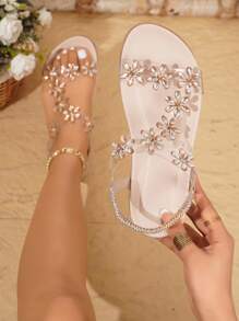 Sandal đế bằng trong suốt đính hoa pha lê thời trang mùa hè 2025 dành cho nữ, chống trượt, mềm mại, thoải mái, có thể phối cùng váy và trang phục đi biển. - Màu be - Xem 7