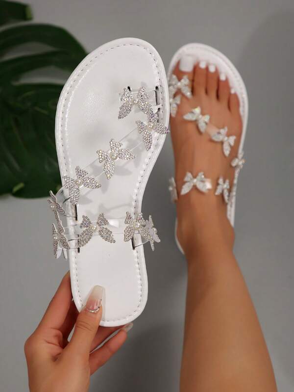 Elegante Sandalen mit Schmetterling- und Kristallverzierung in Flach-/Absatz-Stil, offene Zehenpartie, Bohème-Stil für Frauen, geeignet für Halloween, Partys, Hochzeiten