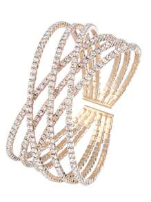 全新 6 排水钻镶嵌十字交叉独特钢丝手链，爪链弹力手镯 - 金色 - 查看 2