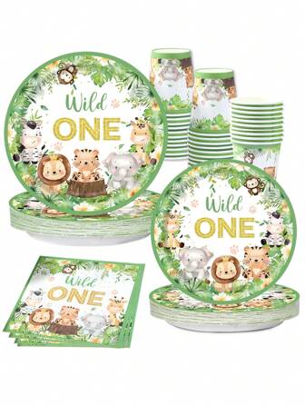 Juego de 40 piezas de vajilla desechable con temática de animales de la jungla para decoración de fiesta de cumpleaños, decoración de la selva, decoración de fiesta "Wild One", cubiertos de papel, vajilla, decoración de fiesta de animales de la jungla, decoración de cumpleaños, decoración de baby shower, decoración del hogar, decoración de habitación, decoración de mesa