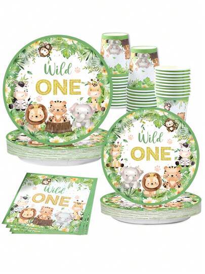 40pcs/Set Jungle Animal Theme Birthday Disposable Tableware, Jungle Decor Wild One Decoration Party Decoration Paper Cutlery Dinnerware, Jungle Animal Party Decoration Birthday Decor Babe Shower Decoration Home Decor Room Decor Table Decor