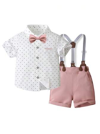 2pcs Young Boy Summer Short Sleeve Shirt And Suspender Shorts Sets, Gentleman Style