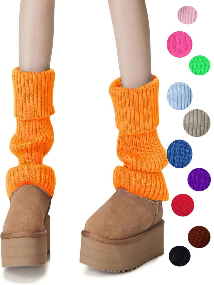Women's Orange Leg Warmers, Neon Ribbed Leg Warmers, 80s/90s Party, Sports, Yoga, Y2K Style Fashion Accessory, Comfortable & Warm - Multicolor - View 1