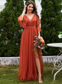 EVERPRETTY Elegant Spring V-Neck Lantern Sleeve V-Neck Mesh Burnt Orange Bridesmaid Dresses Formal Dress Wedding Guest Gown