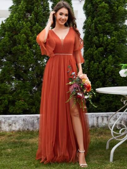 EVERPRETTY Elegante Primavera V-Neck Lantern Sleeve V-Neck Malha Queimado Laranja Vestidos de Dama de Honra Vestido Formal Vestido de Convidado de Casamento