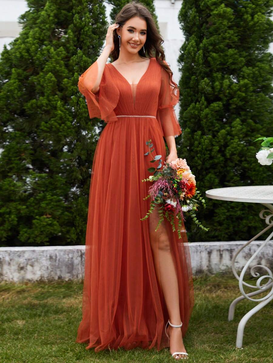 EVERPRETTY Elegant Spring V-Neck Lantern Sleeve V-Neck Mesh Burnt Orange Bridesmaid Dresses Formal Dress Wedding Guest Gown