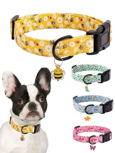 1 pieza Collar para mascotas con estampados de animales/dinosaurios y colgantes, collar de tela de sarga ajustable para perros y gatos.