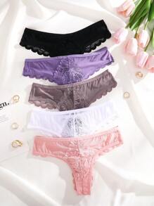 5pcs/Set Romantic Sexy Lace Patchwork & Ruffle Design Women's Thong Panties - Multicolor - View 3