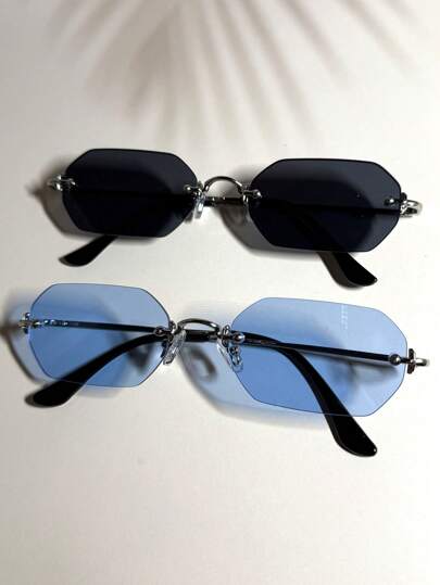 015835340007 2副男士黑色镜框浅蓝色迷你六边形全金属复古太阳镜，渐变色街头风海滩度假日常通勤经典复古旅行时尚眼镜