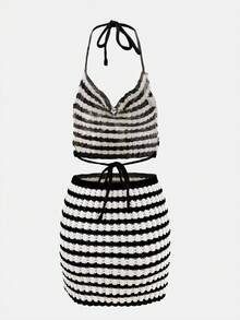Boho Style Lace-Up Neck Backless Contrast Striped Cami Top & Tight Fit Crop Hem Skirt Knitted 2-Piece Set - Black and White - View 3