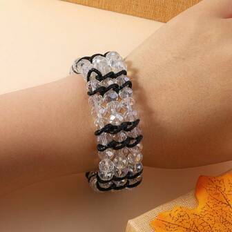 1pc Multi-Layer Classic Braided Elastic Imitation Crystal Aluminum Chain Bracelet, Versatile For Women To Wear On Both Sides, Suitable For Party, Holiday, Beach, Party, Daily Wear