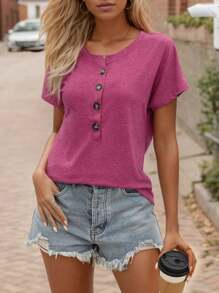 SANOPY Women's T-Shirts,Going Out Tops For Women,Blouses For Women Dressy Casual,Womens Crew Neck Short Sleeve Buttons Tops Basic Loose Fit Blouse - 玫瑰紅 - 查看 4