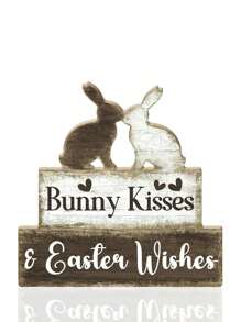 Rustic Wooden Sign - Bunny Kiss And Easter Blessing, Easter Wooden Ornaments, Farmhouse Tabletop Decor With Rabbit Silhouettes, Heart Accents & Bow Details, Holiday Home Desktop Decoration, Perfect For Home, Living Room, Or As A Gift For Easter, Rabbit Decor