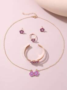 5pcs/Set Girls Flower Necklace Bracelet Earrings Ring Jewelry Set