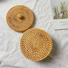 1pc 5.5*3.1 Inch Wicker Rattan Braided Round Storage Box For Snacks, Cosmetics, Jewelry, Dried Fruits, Desk Organizer