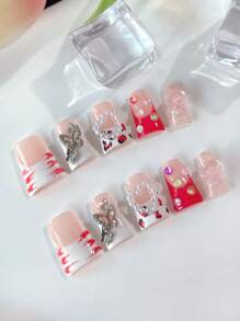 10pcs/Set Y2K Style Handmade Duck Nails Acrylic Duck Mouth Hand-Painted Pink Press On Nails With Heart-Shaped Rhinestones,Butterfly.Suitable For Women And Girls,Party,Daily Wear