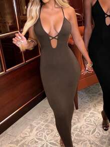 2025 New Fashion Vintage French Style Simple Dress, Spring - Brown - View 2