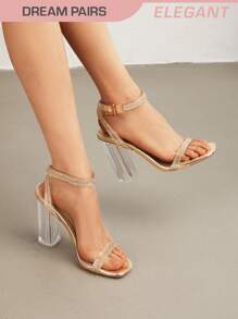Women Transparent Chunky High Heel Sandals, Rhinestone Ankle Strap Open Square Toe High Heeled Sandals For School Party Prom Heels - Gold - View 1