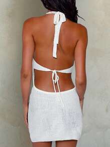 镂空系带针织连衣裙，春夏 - 白色 - 查看 8