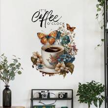 花朵咖啡杯墙贴蝴蝶英文字母装饰贴纸水彩花朵厨柜窗户墙贴花 - 彩色 - 查看 10