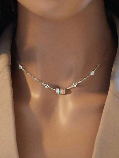 1Pc Fashion 925 Sterling Silver Zirconia Rainbow Transfer Beads Necklace Jewelry Gift For Women