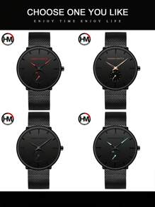 1 件 HANNAH 时尚黑色不锈钢网状表带防水男士手表，中心小秒针商务石英男士手表，适合日常商务会议和派对场合 - 黑色 - 查看 6