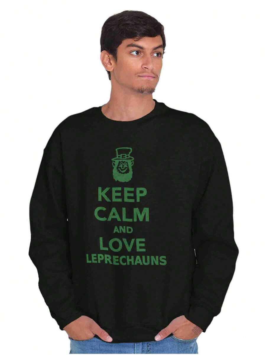 BRISCO BRANDS St Patrick's Day Graphic Fleece Lined Crewneck Pullover Sweatshirt Saint Paddy's Day Funny Sarcastic Keep Calm And Love Leprechauns Casual Everyday Cotton Printed Thermal Lined Jumper - 黑色 - 查看 1