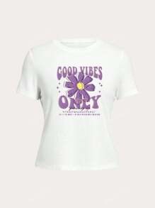 T-shirt casual a maniche corte con collo tondo, grafica floreale e slogan "GOOD VIBES ONLY", magliette grafiche da donna