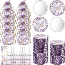 Bộ 36 món quà tặng tiệc theo chủ đề bướm, bao gồm 12 gương nhỏ gọn, 12 thiệp cảm ơn, 12 túi Organza, không cần điện, không lông vũ, dành cho đám cưới, tiệc cô dâu, tiết lộ giới tính, sinh nhật - Màu tím - Xem 2