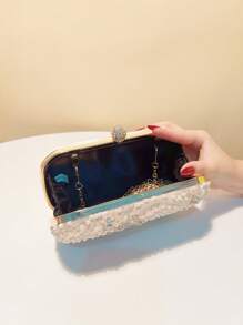 1pc Elegant Romantic Solid Color Pearl Beaded, Crystal Rhinestone Inlaid Hard Box Evening Bag, For Party, Wedding, Gathering