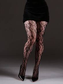 1 件女式高弹力网格连裤袜，时尚性感镂空复古黑色丝袜，适合万圣节、圣诞节、Y2K 风格 - 黑色 - 查看 6