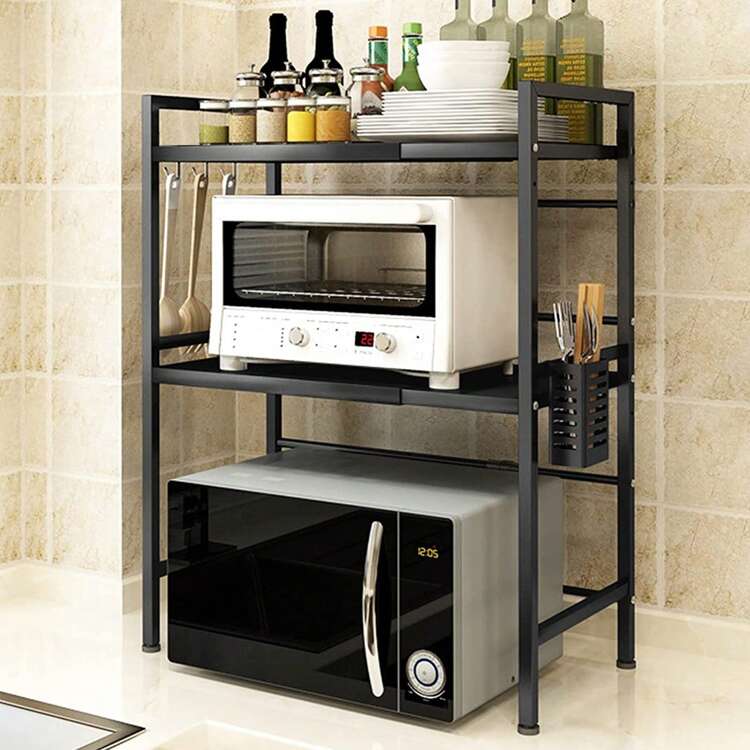 Expandable Microwave Rack, 3-Tier Kitchen Microwave Stand, Carbon Steel Microwave Holder For Countertop, Kitchen Storage Organizer With 6 Hooks - 黑色 - 查看 1
