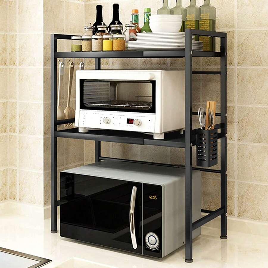 Expandable Microwave Rack, 3-Tier Kitchen Microwave Stand, Carbon Steel Microwave Holder For Countertop, Kitchen Storage Organizer With 6 Hooks - Black - View 1