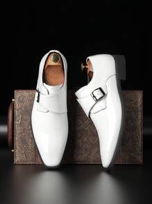Men's Casual Buckle Closure Solid Color Round Toe Mid-Heel Leather Shoes, White Polished Formal Dress Shoes All Season - White - View 3