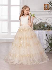 少女蝴蝶结网眼香槟色毕业礼服 - 优雅公主礼服，适合生日礼物、正式派对、婚礼、花童、节日庆祝礼服 - 杏色 - 查看 2
