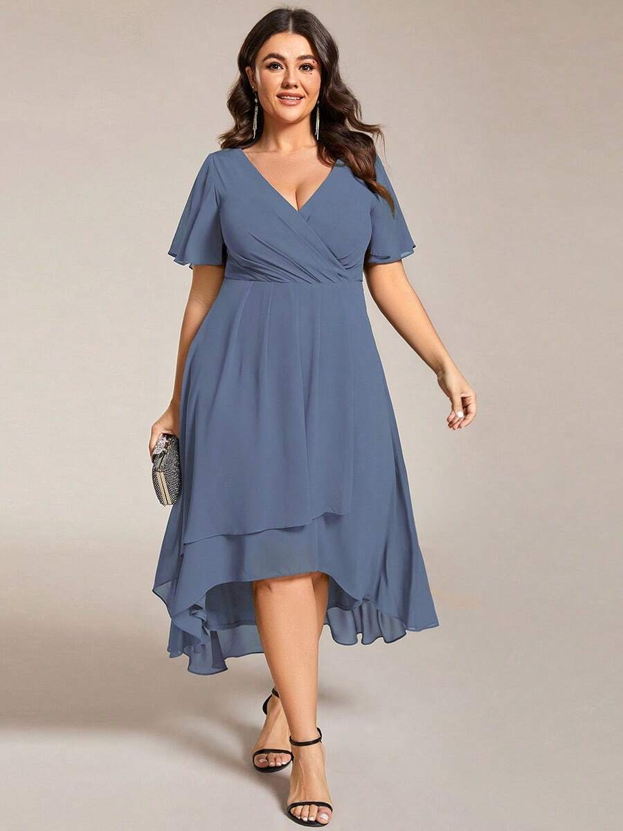 Plus Size Women Chiffon Ruffle Hem Solid Color Elegant High-Low Bridesmaid Dress