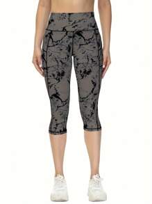 Pantaloni de yoga Capri cu talie înaltă imprimați pentru femei, cu buzunare, slăbire a taliei și ridicare a feselor