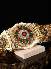 1pc Moroccan Luxury Women Long Robe With Gold Belt, Featuring Circular Floral Pattern Hollow Carving Inlaid With Abundant Rhinestones, Suitable For Females To Wear At Wedding Ceremony, Gala Dinner And Festival Occasions - Gold + White - View 6