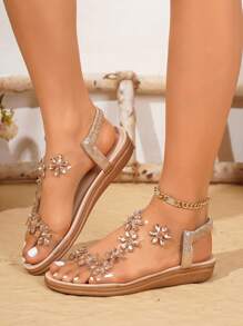 Sandal đế bằng trong suốt đính hoa pha lê thời trang mùa hè 2025 dành cho nữ, chống trượt, mềm mại, thoải mái, có thể phối cùng váy và trang phục đi biển. - Màu be - Xem 3