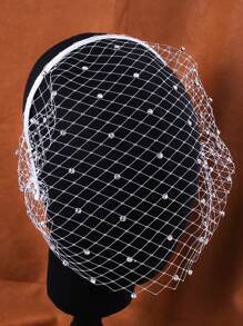 一套新娘头饰套装，包含仿水钻和珍珠、面纱、网纱发箍，黑白相间，复古舞会配饰，女孩发饰面纱水钻仿珍珠发箍，优雅头饰 - 彩色 - 查看 4