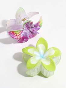 3 Pcs Women's Casual Sweet Flower Print Colorful Hair Clips, Suitable For Daily Matching - Multicolor - View 3