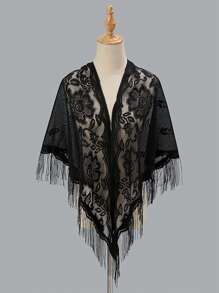 1pc Elegant Fashionable Hollow Out Tassel Design Lace Shawl For Banquet
