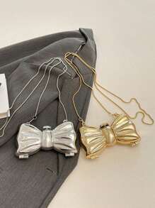 1 Mini Metal Silver Bow Decoration Cute Crossbody Bag, Mini Evening Bag With Metal Bow Details, Fashionable Personalized Girl's Chain Bag, Suitable For Parties And Dates, Shoulder Crossbody Bag Suitable For Girl, The Best Choice For Giving Gifts To Friends And Family - Multicolor - View 2