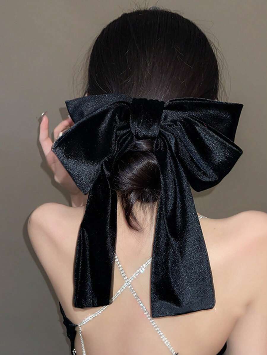 1pc Retro French Long Ribbon Velvet Bow Hair Clip, Fashionable Minimalist Elegant Black Ribbon Hair Accessory, Suitable For Daily Wear, Holiday Parties, Weddings