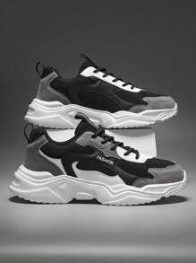 男士撞色字母印花低帮系带软底 PU 休闲鞋,圆头厚底增高透气网眼面料混合运动跑步鞋,适合所有季节,健身房 2000 年代风格情人节创意 - 撞色 - 查看 17