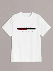 男士休闲条纹巴黎字母印花短袖 T 恤 - 白色 - 查看 3