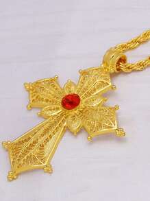 Juego de collar con colgante de cruz grande chapado en oro de 24K de aleación de zinc, accesorio clásico